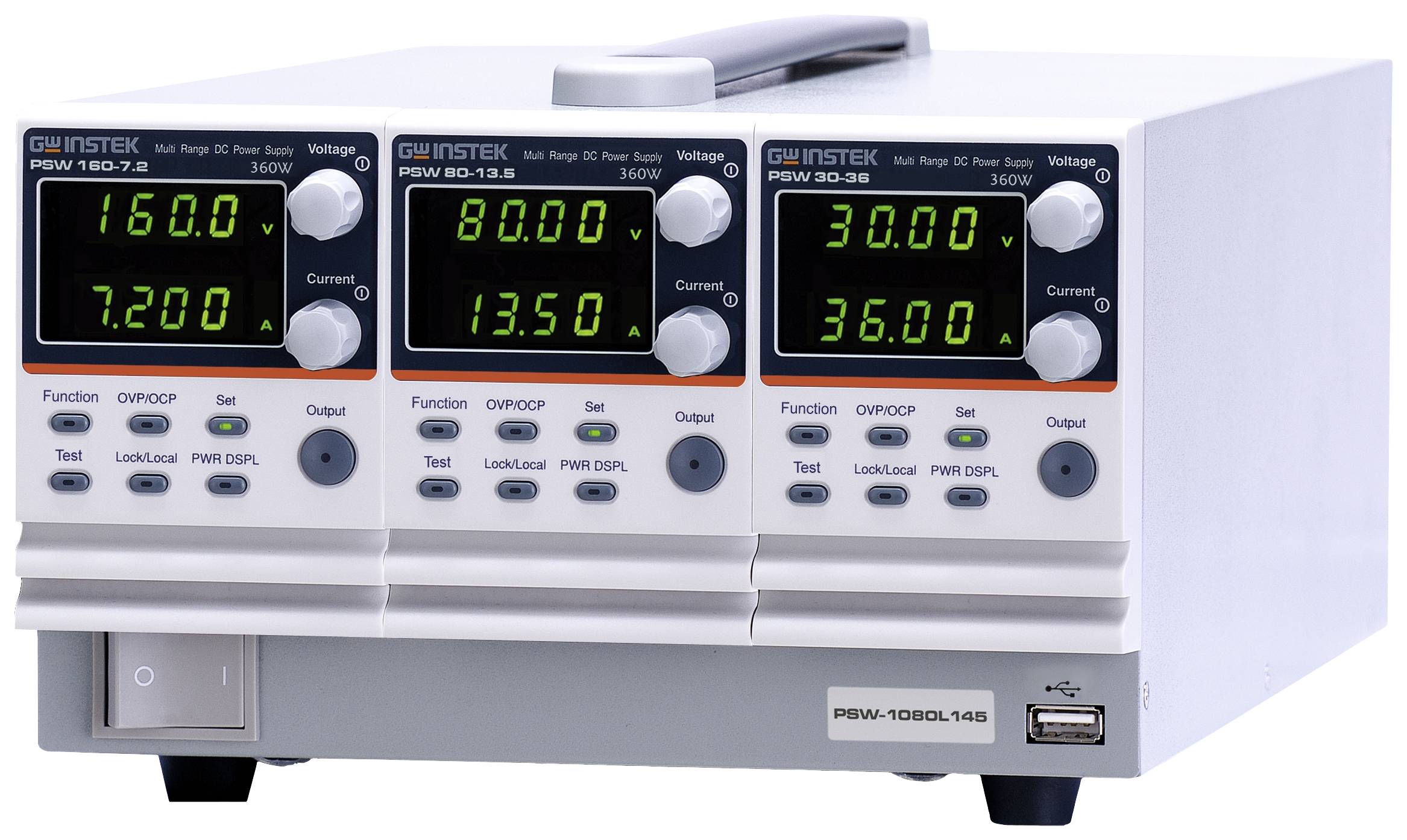 Laboratoriespänningsaggregat med tre justerbara strömförsörjningsenheter. Varje enhet visar olika spänning och strömstyrka: 160V/7.200A, 80V/13.50A, 30V/36.00A. Idealisk för strömförsörjning av elektronikprojekt.