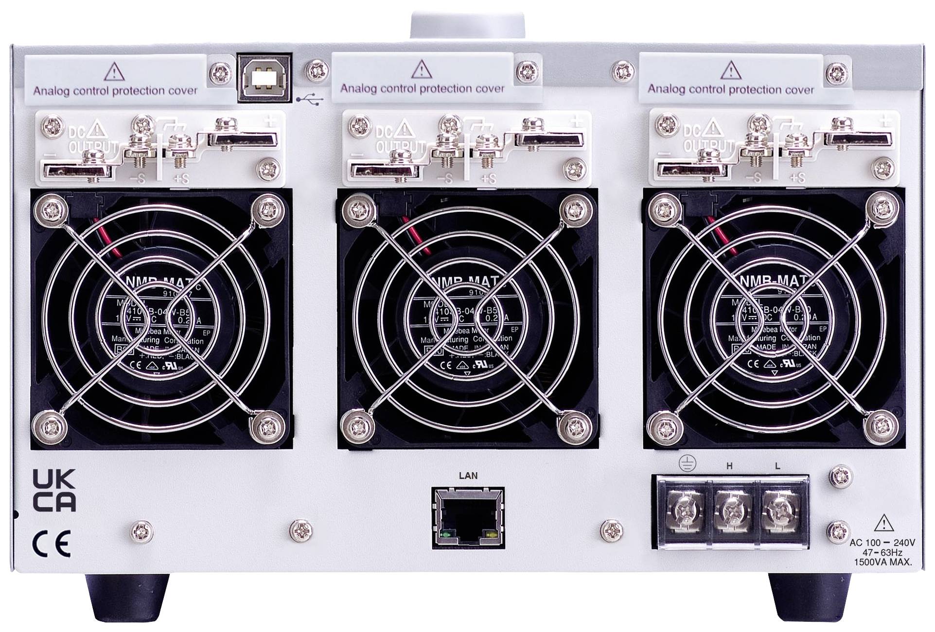 Bilden visar baksidan av en elektronisk enhet med tre fläktar, LAN-anslutning och strömuttag, märkta med 'H', 'L', 'N'.