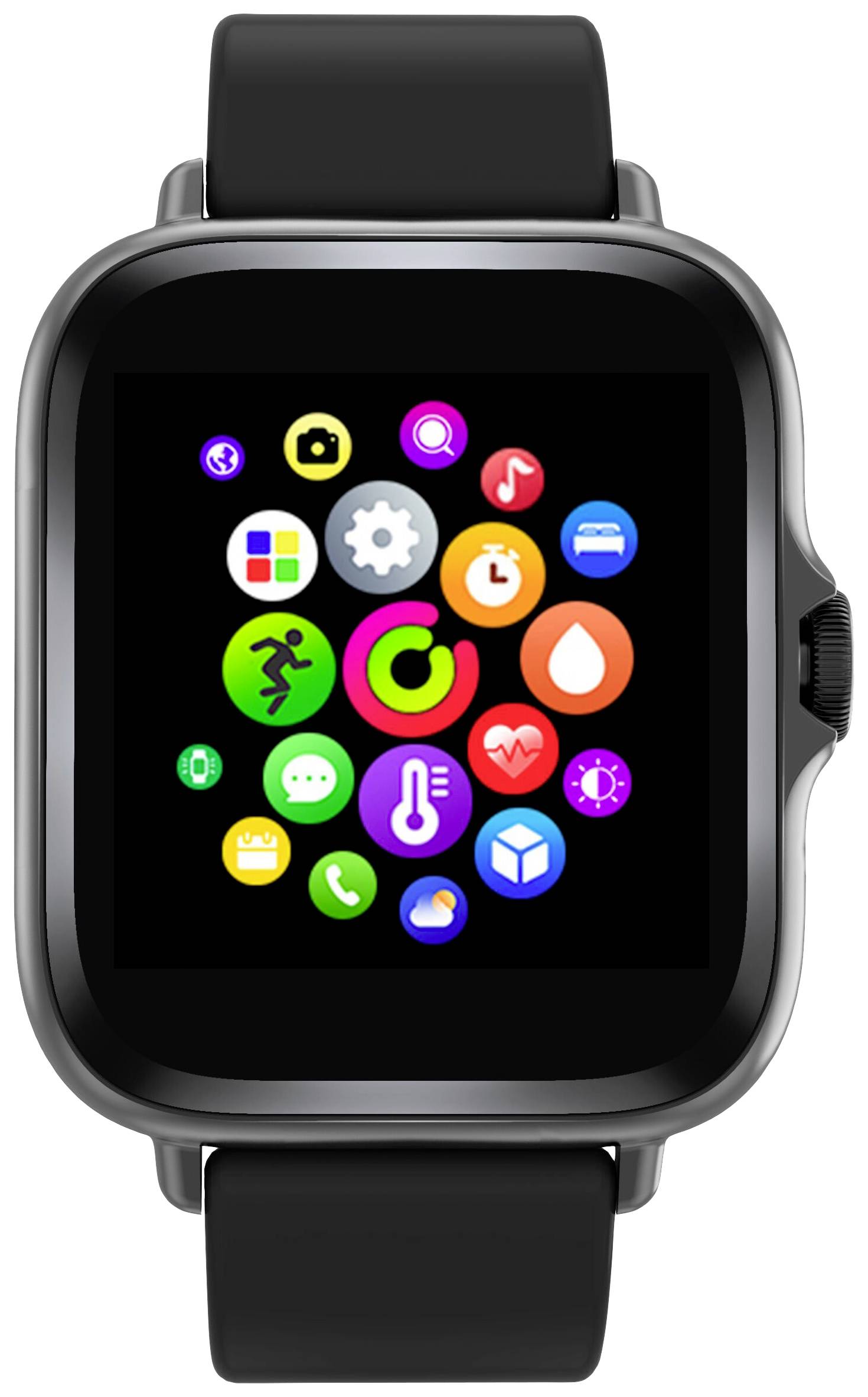 Smartwatch med färgpekskärm visar olika appikoner, inklusive meddelandehantering, fitness och inställningar, mot en svart bakgrund.