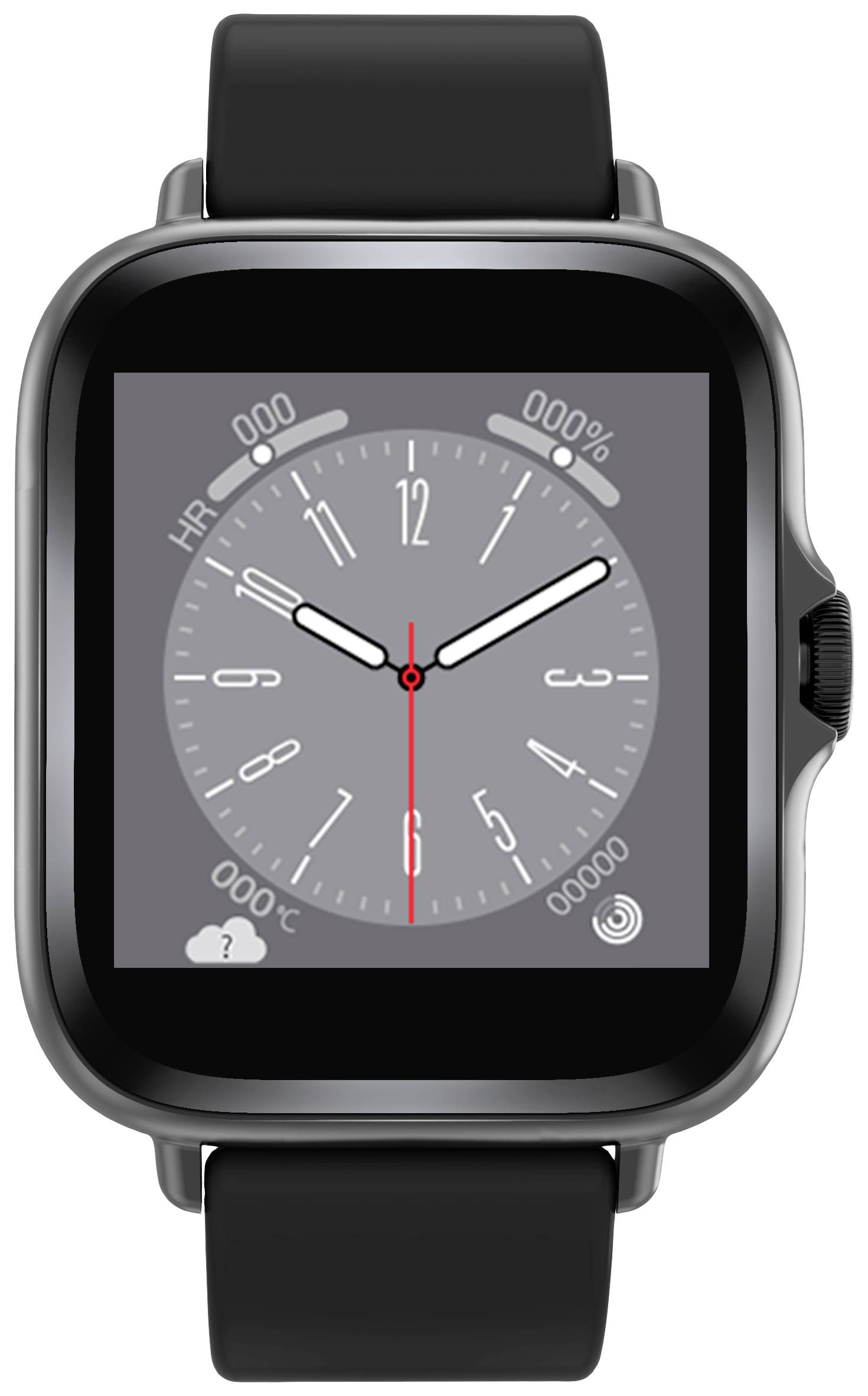 Svart smartwatch med rund urtavla, visar tid, hjärtfrekvens, väderförhållanden och batterinivå på en grå skärm.