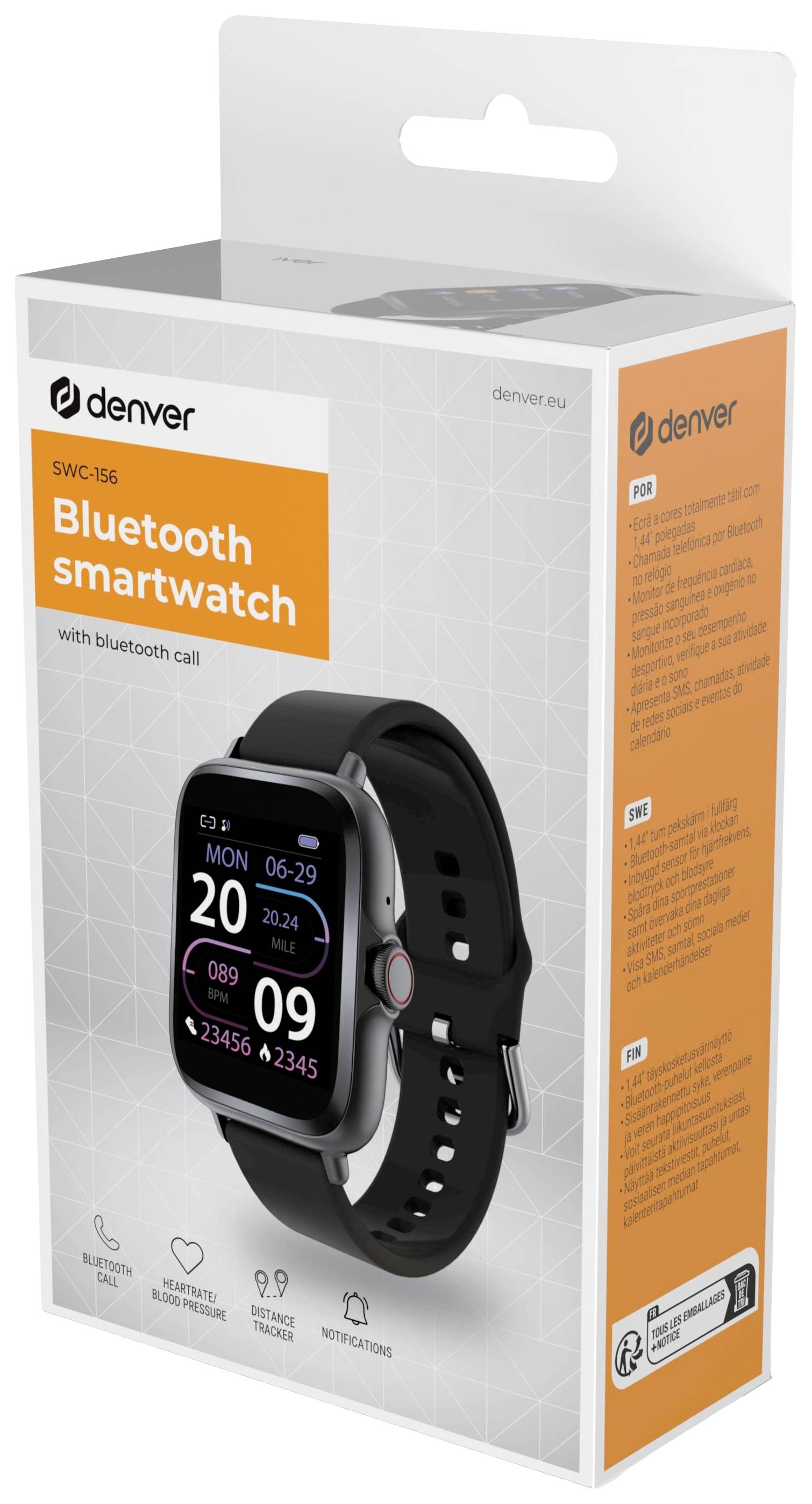 Förpackning för en 'Denver SWC-356' Bluetooth-smartwatch. Visar en bild av klockan med svart armband, digitalt display och funktioner.