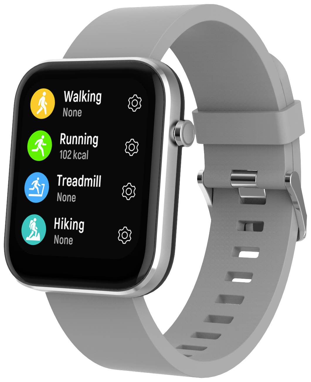 Smartwatch med grått armband visar aktivitets-app: 'Gång, Löpning 102 kcal, Löpband, Vandring' med varsitt ikon.