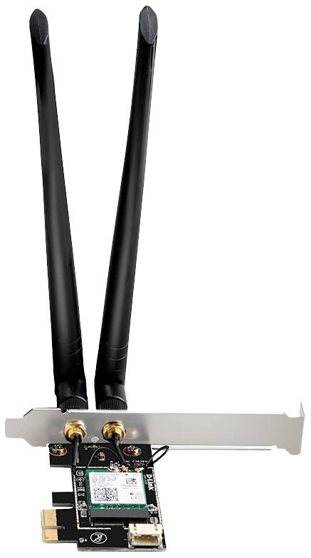 Ett PCIe-nätverkskort med två svarta antenner, lämpligt för trådlösa anslutningar i stationära datorer.