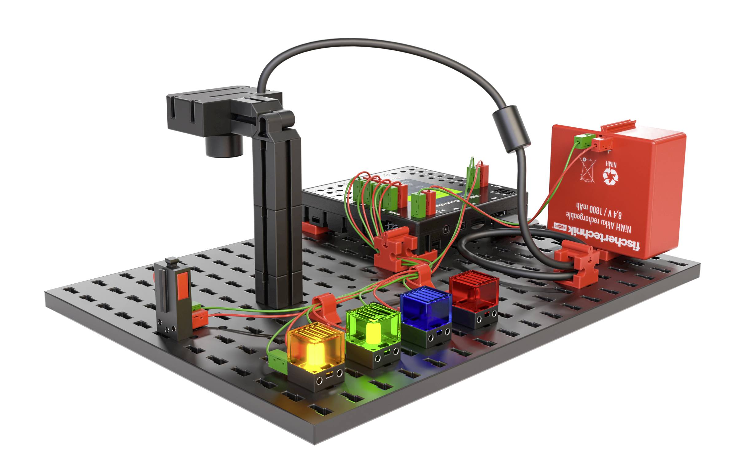 En experimentuppsättning för att demonstrera en elektrisk krets med olika färgade LED-lampor, trådar och ett mätinstrument.
