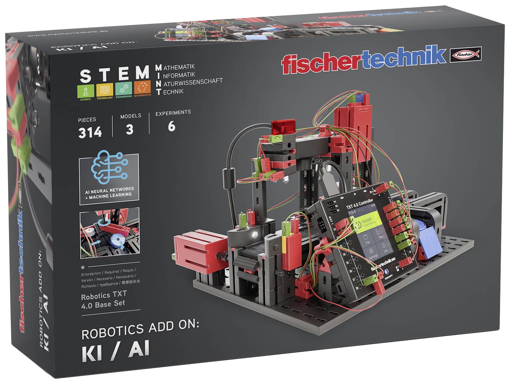 'Fischertechnik Robotics TXT 4.0 Set' förpackning med robotbyggsats, innehåller 314 delar, 3 modeller, 6 experiment, fokus på AI.