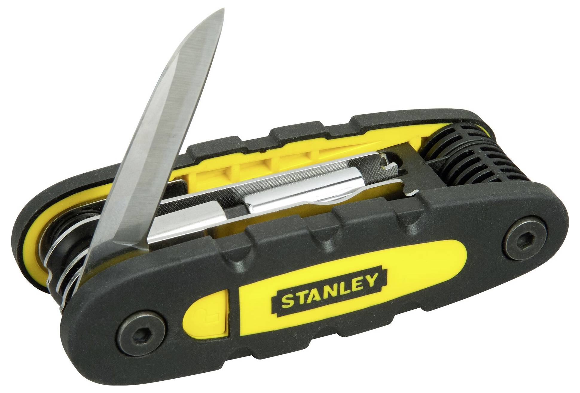 Ett multifunktionellt fickkniv med uppfällt blad. Handtaget är svart-gult med texten 'Stanley'.