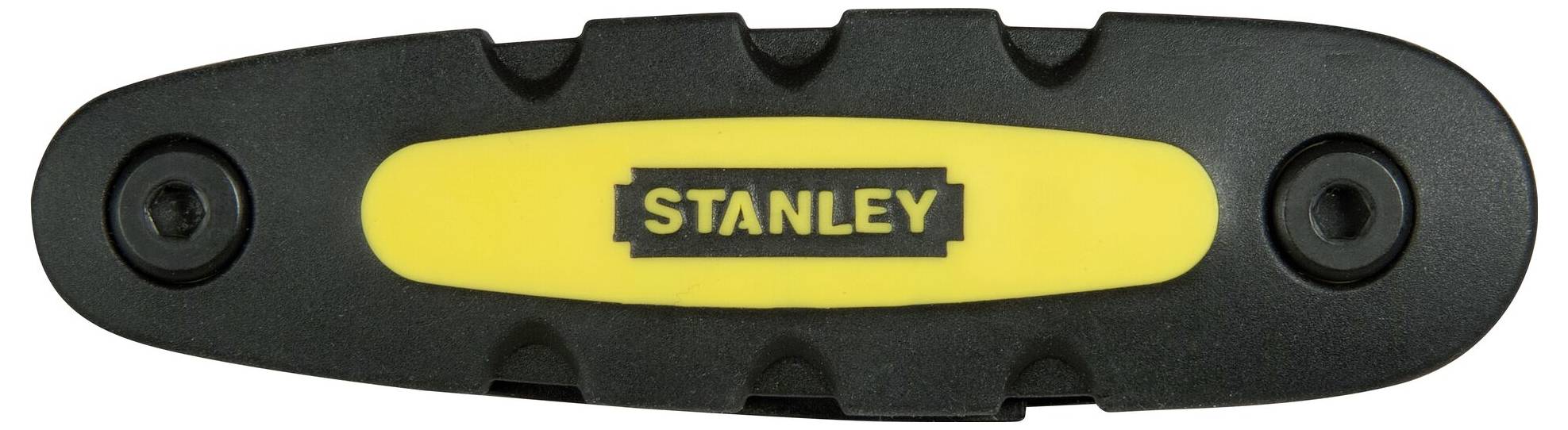 Svart och gul Stanley-multiverktygshandtag med ett framträdande logotyp i mitten.