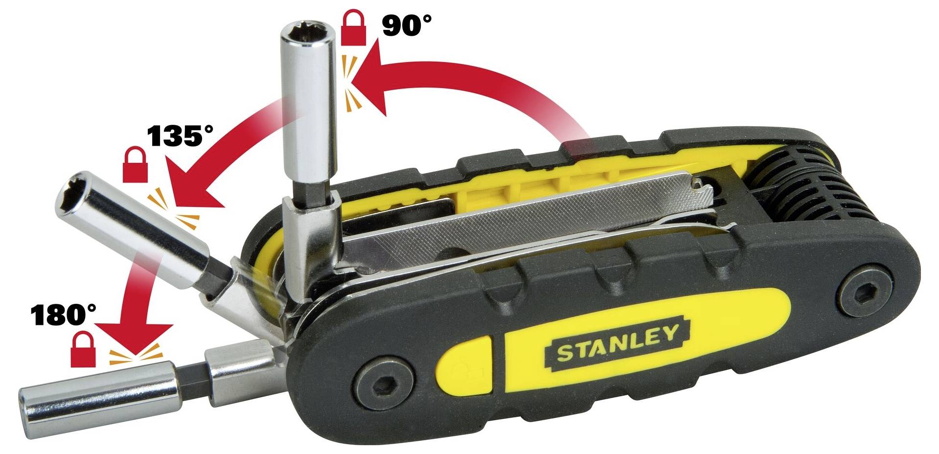 Vikbar hylsnyckel-sats med Stanley-logotyp, visar tre låslägen vid 90°, 135° och 180° för flexibel användningsvinkel.