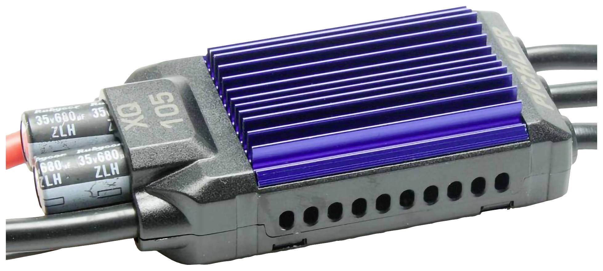 Elektronisk varvtalsregulator med kylkropp, modellnummer 'XQ 105', utrustad med flera kabelanslutningar och kylflänsar.