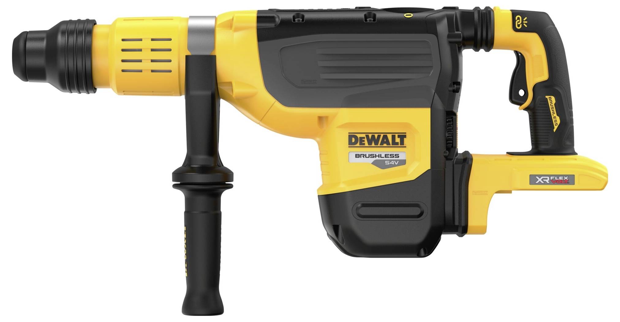 En gul och svart borrhammare från DeWalt med sidohandtag och kabelanslutning, lämplig för tunga byggnadsarbeten.