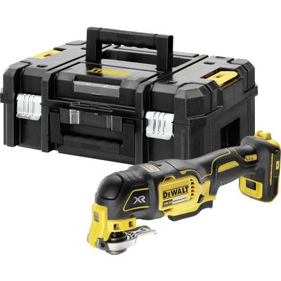 Svart verktygslåda med silverlås och gula accenter. Bredvid ett gult och svart elverktyg från DeWalt.