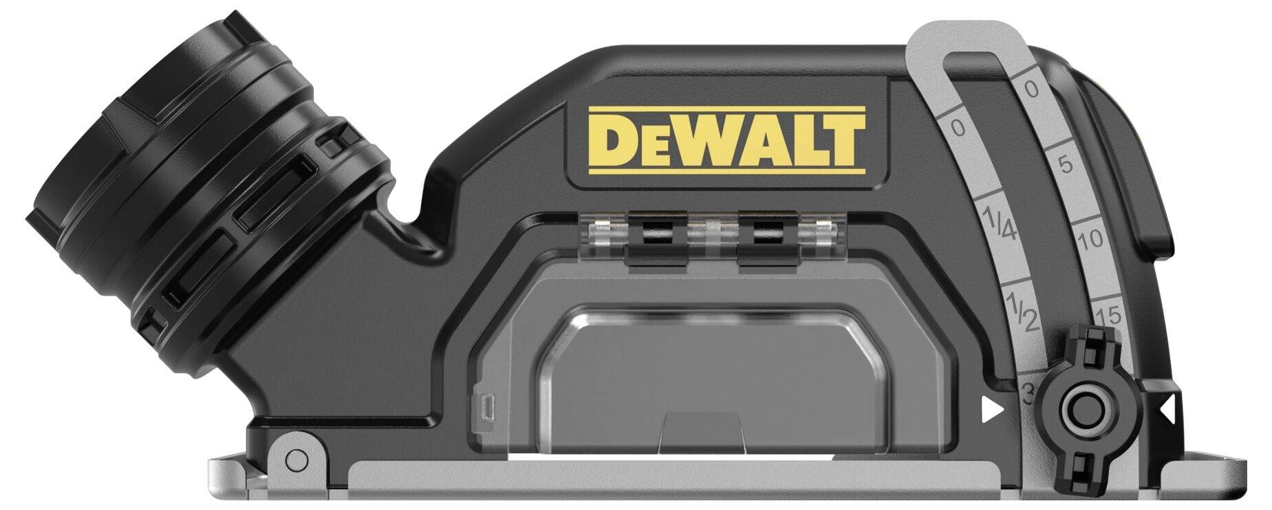 Ett DeWalt-verktyg med skala från 1/16 till 1/2, sannolikt ett tillbehör för fräsning eller liknande bearbetningar.