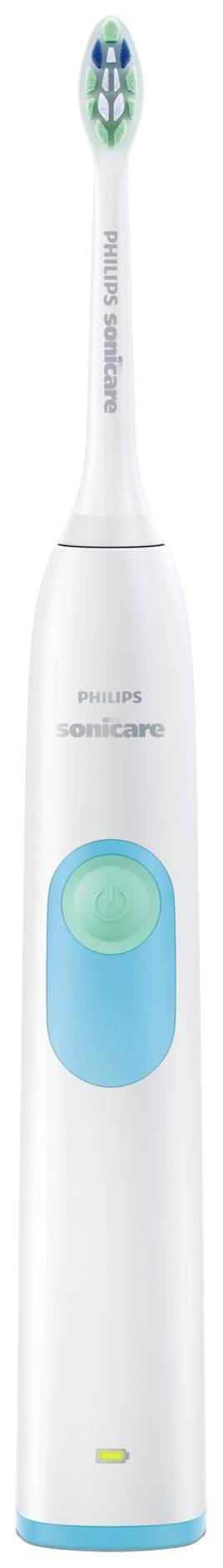 Eltandborste med blått handtag och utbytbart borsthuvud.