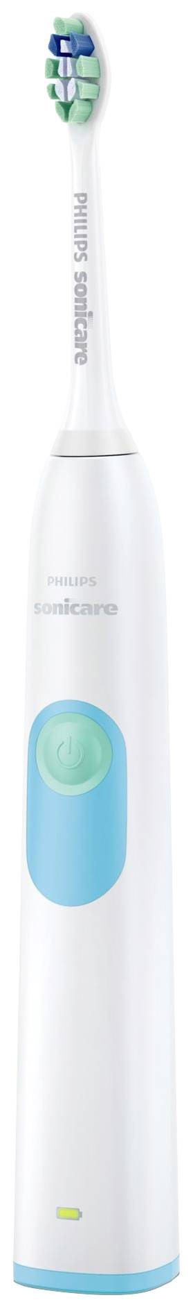 Elektrisk tandborste med vitt handtag och blå accent. Varumärkeslogotyp på handtaget, smal borststatus överst.