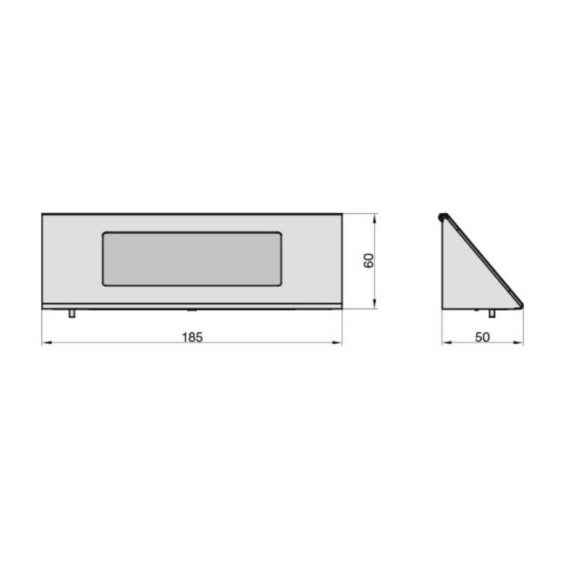 Teknisk ritning av ett rektangulärt objekt med måtten 185x60 mm. Sidovyn visar en 50 mm lång, lutande kant.