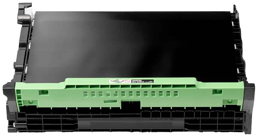 Svart tonerkassett på vit bakgrund, med gröna element på framsidan, använd i skrivare för text- och bildutskrift.