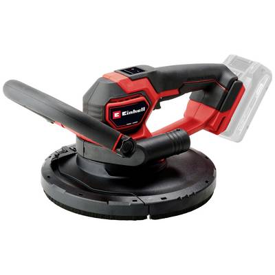 Einhell batteridriven gipsskiva slipmaskin i rött och svart, visad från sidan. Huvudegenskap: ergonomiskt handtag, dammfri slipning.