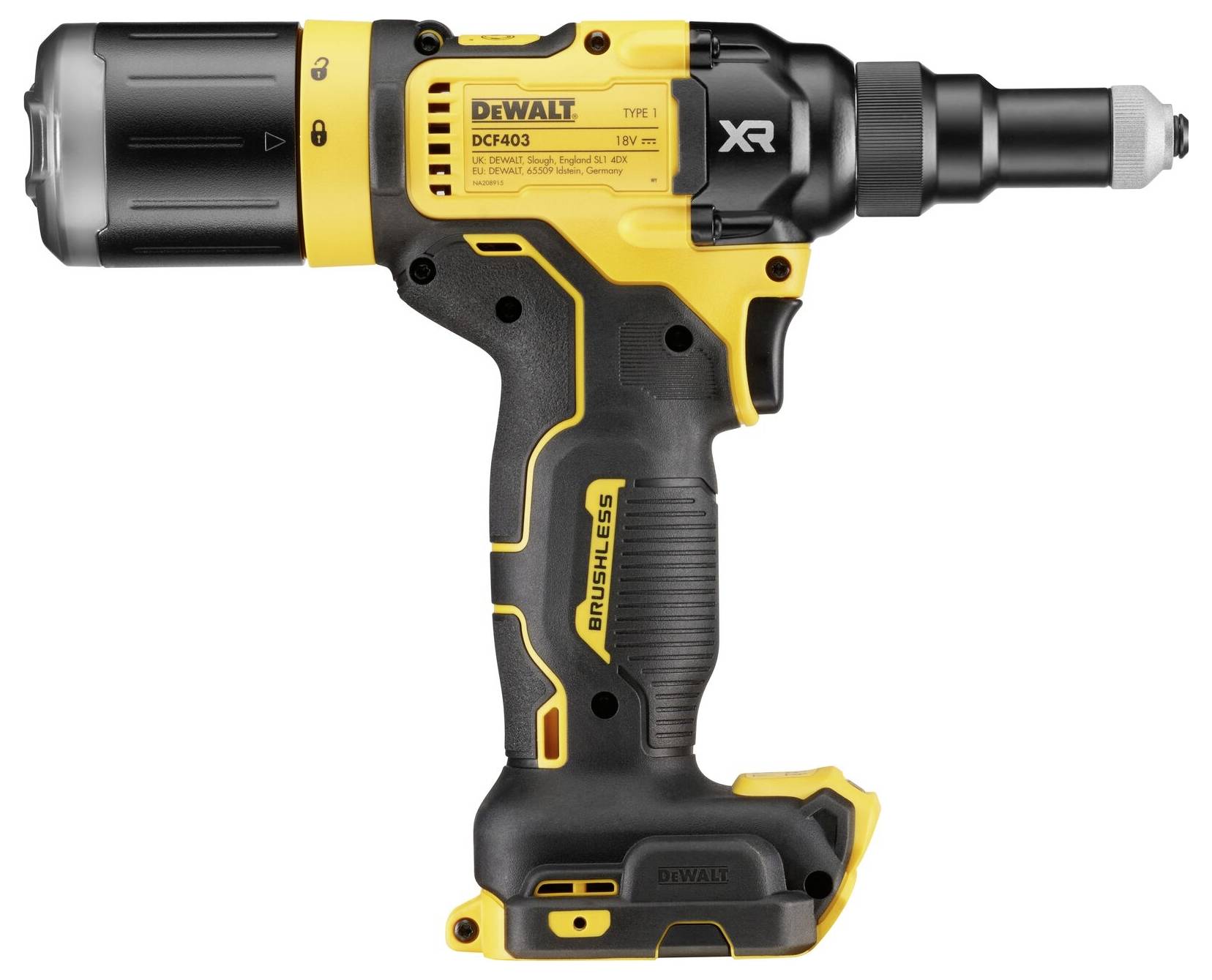 Gul-svart DeWalt batteridrivet gipsskruvdragare, modell DCF403, med ergonomiskt handtag och borstlös motor för precision vid skruvning.