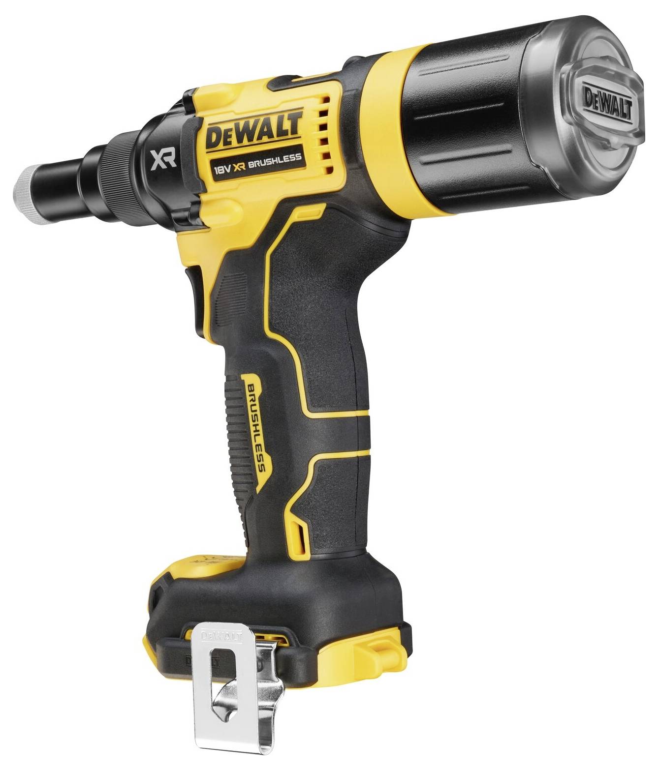Elektrisk skruvdragare i gult och svart, bärbar design, med metallclip för fäste. Märke: DeWalt.