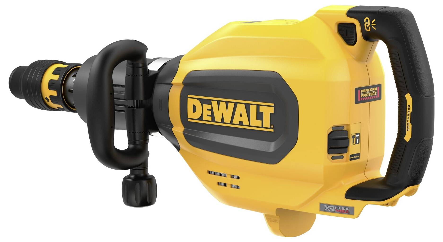 En gul Dewalt-demoleringshammare med ergonomiskt handtag och strömbrytare, lämplig för tunga rivningsarbeten.