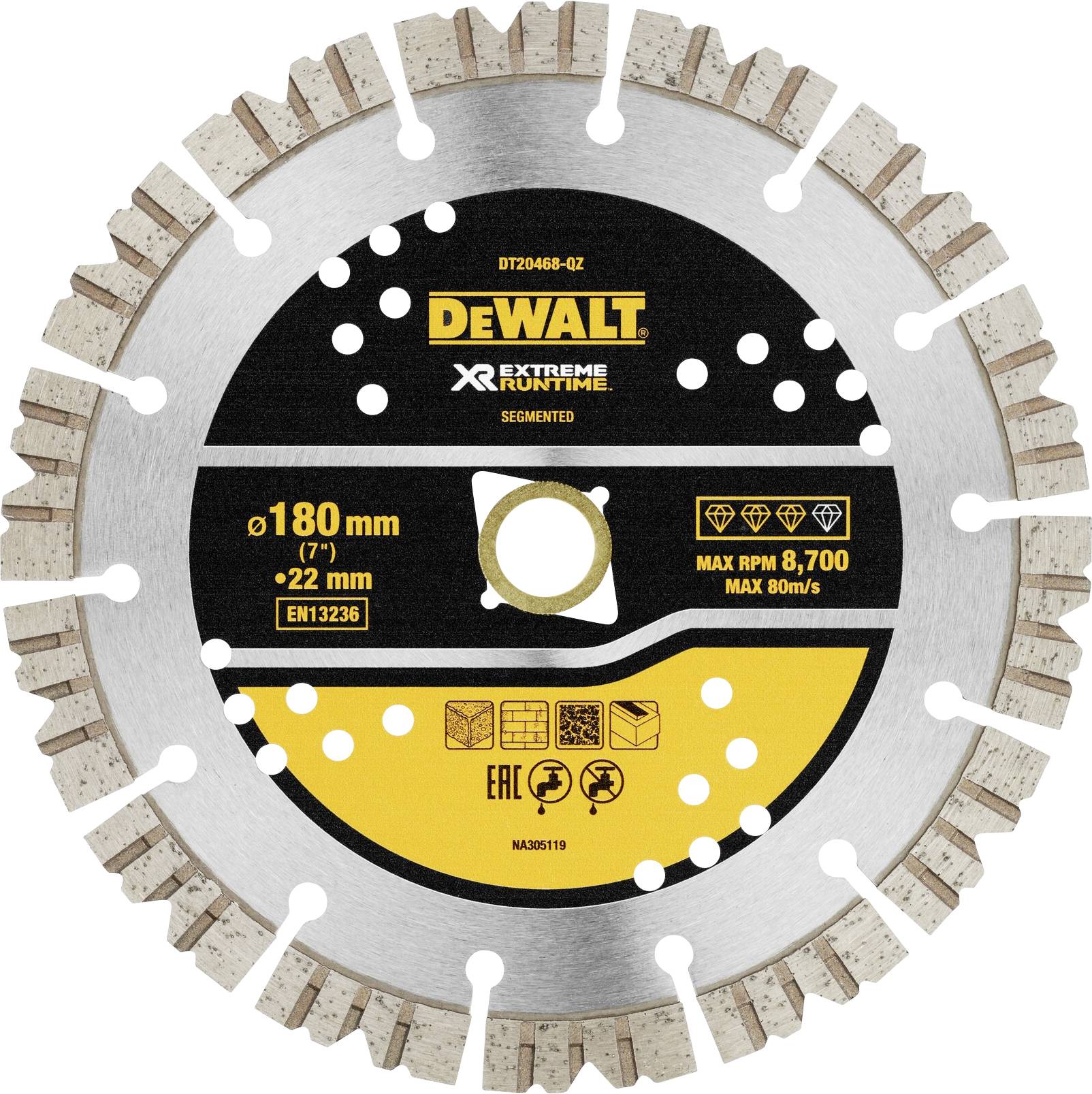 En rund sågklinga från märket DeWalt med segmenterade tänder. Diameter 180 mm, maximal varvtal 8 700 varv/min, svart-gul.