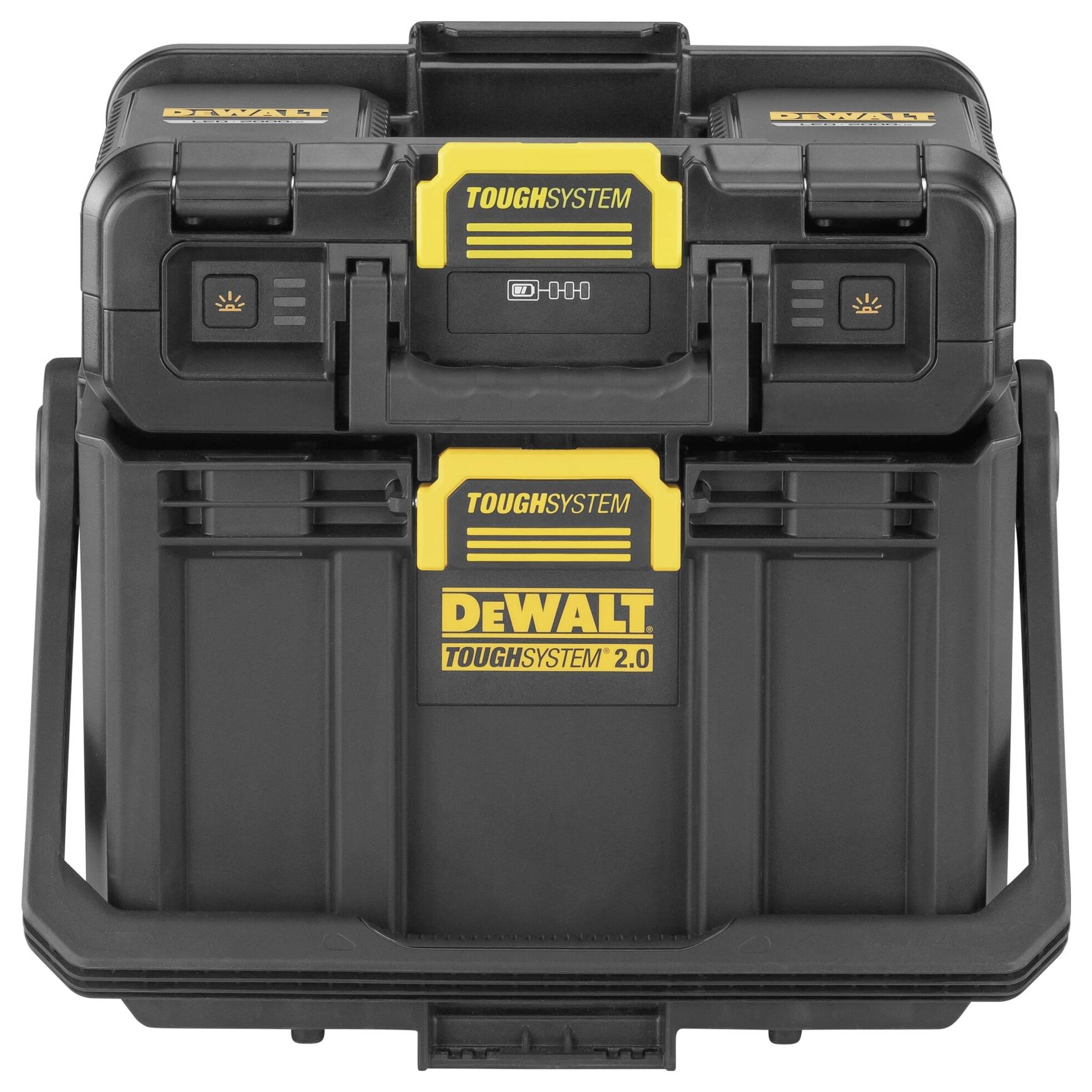 Svart verktygslåda från DeWalt ToughSystem 2.0, kompakt och robust, med gula varumärkeslogotyper och kraftiga låsanordningar.