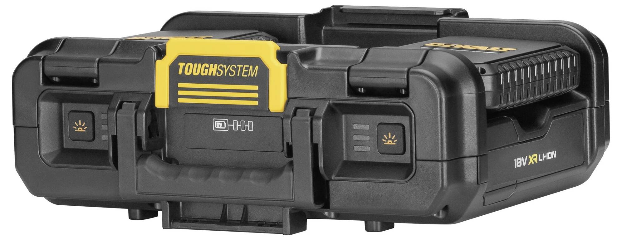 Svart verktygslåda med gul 'TOUGHSYSTEM'-etikett. Robust konstruktion och bärhandtag synligt, lämplig för krävande förhållanden.