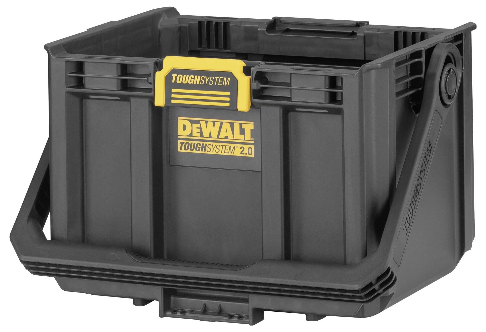 Svart verktygslåda från DeWalt 'TOUGHSYSTEM 2.0' med gul låsning och robust handtag, perfekt för byggarbetsplatser.