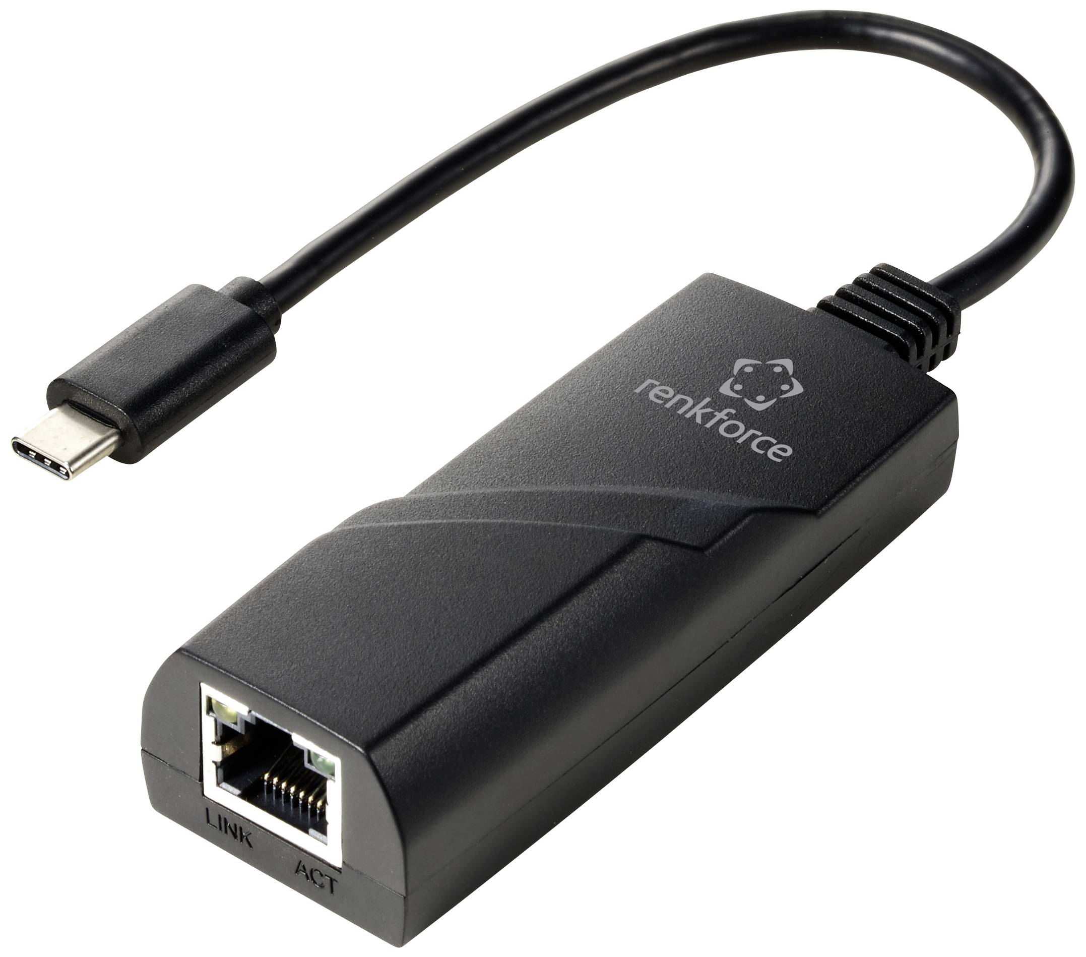 En svart USB-C till Ethernet-adapter med Renkforce-logotyp och Ethernet-port.