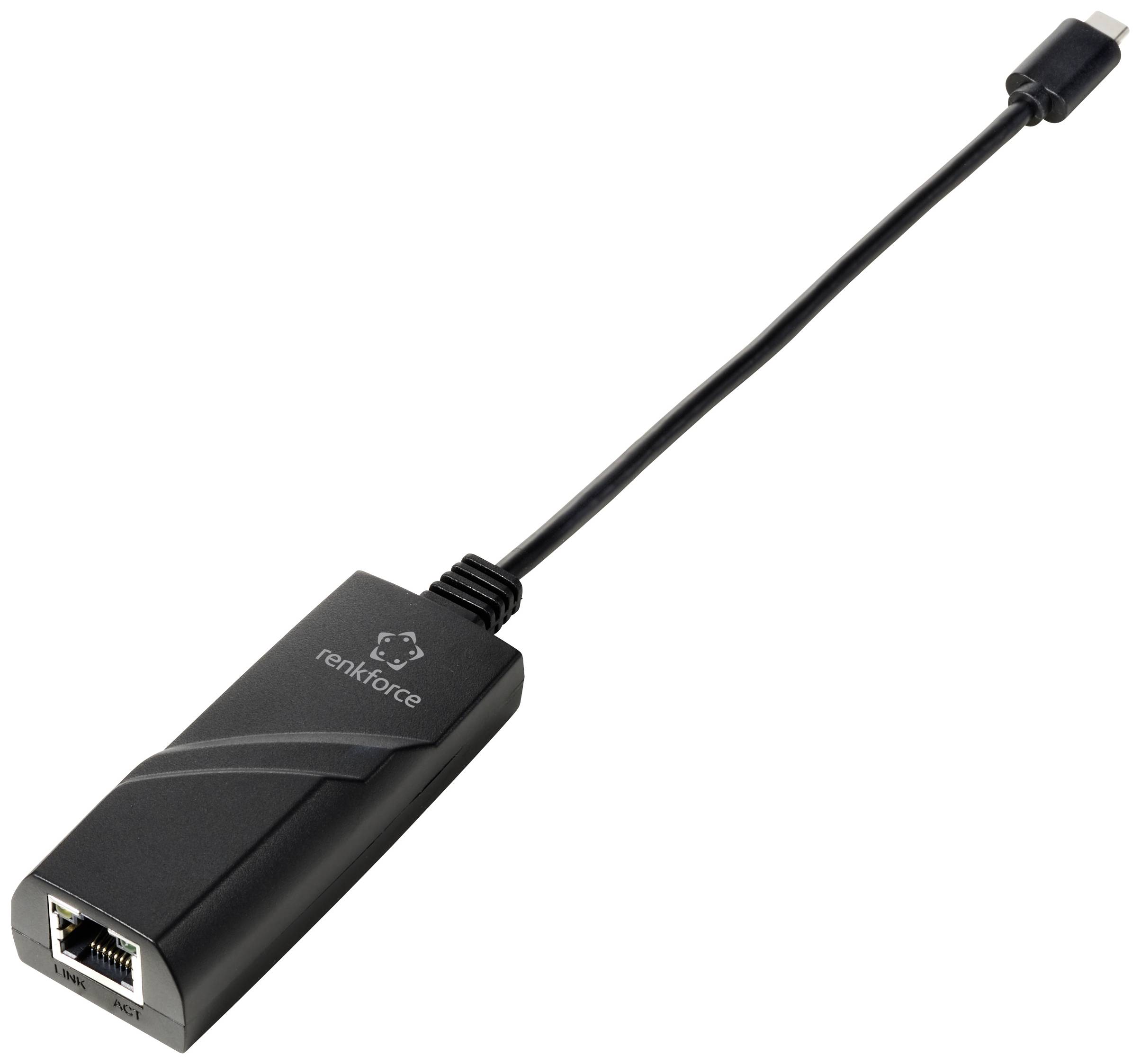 En svart USB-C till Ethernet-adapter med en Ethernet-port på ena sidan och en USB-C-kontakt på den andra sidan.