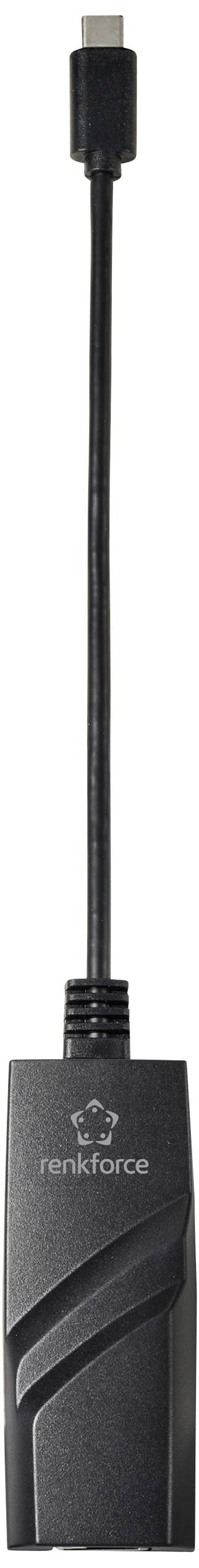 Svart USB-C-adapter med kort kabel, 'renkforce' logotyp på höljet.