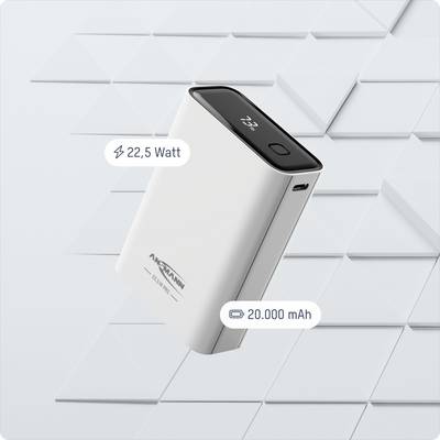 Powerbank, 20 000 mAh kapacitet, 22,5 watts snabbladdningsfunktion, vitt hölje, ligger på diagonal kakelbakgrund.