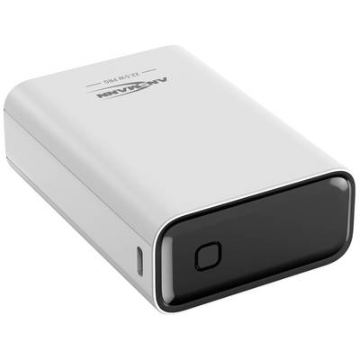 Silverfärgad, rektangulär bärbar laddare med svart framsida och en USB-port på sidan.