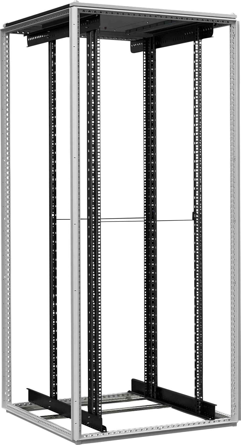 Ett tomt, öppet serverrack av metall, lämpligt för installation av IT-utrustning som servrar eller nätverksenheter i ett datacenter.