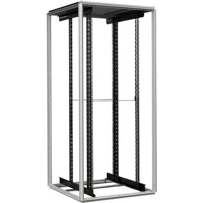 Ett tomt, öppet serverrack av metall, lämpligt för installation av IT-utrustning som servrar eller nätverksenheter i ett datacenter.