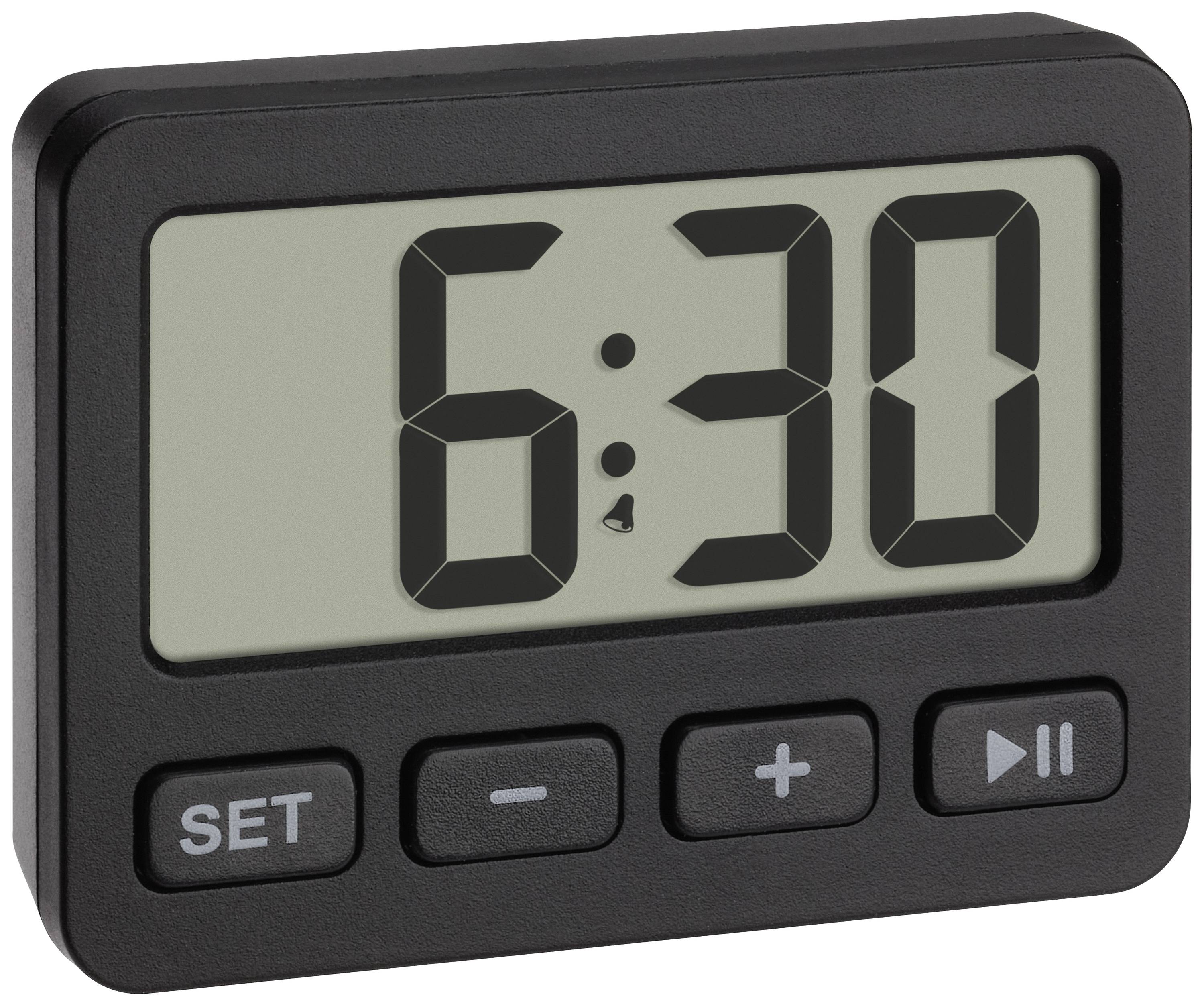 En svart digital timer visar '6:30', med tre knappar därunder: 'SET', plus och Spela/Paus.
