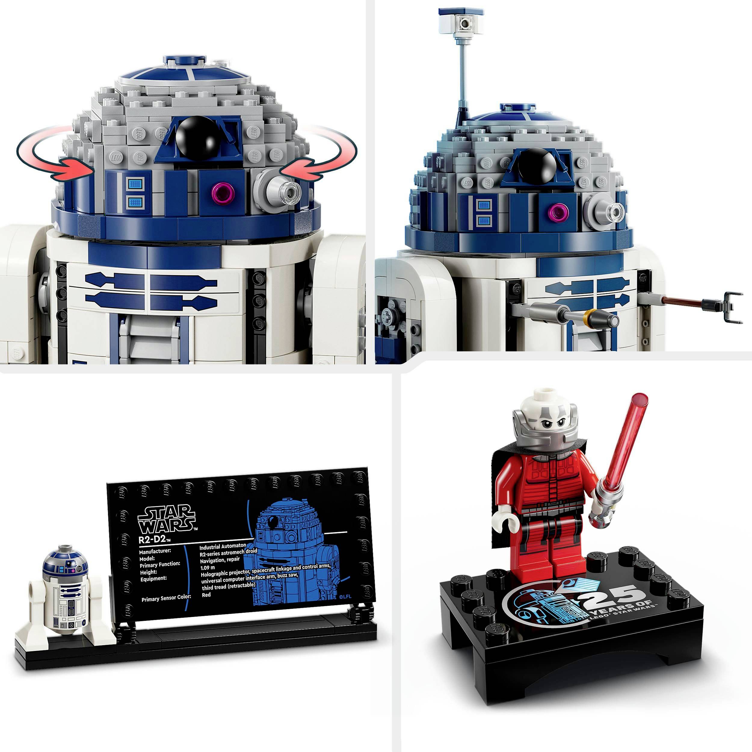 Lego-set med R2-D2-modell, en informationstavla med R2-D2-miniatyr och en Sith-figur med rött lasersvärd. Detaljrikt utformat.