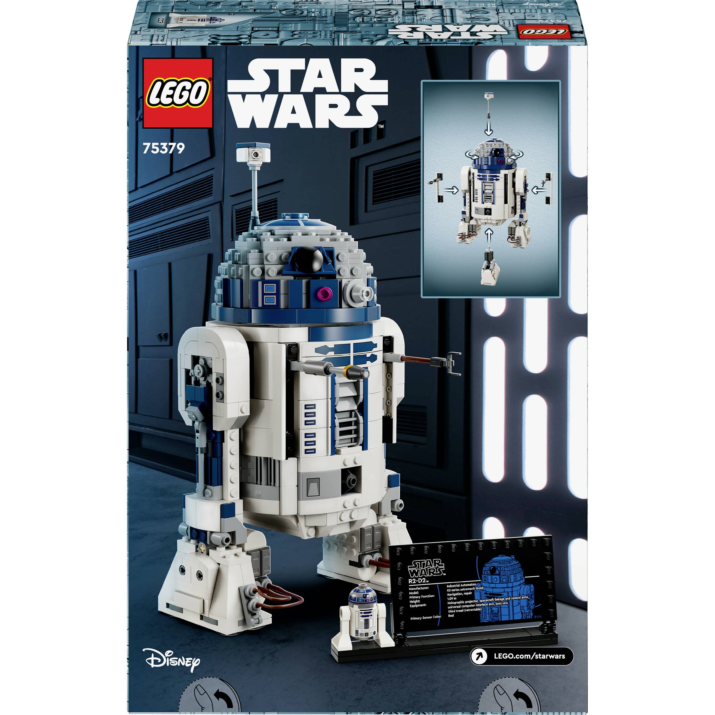 LEGO-set av R2-D2 från Star Wars, med detaljerad modell och informationsskylt. Förpackningen visar setets design och logotyper från LEGO och Disney.