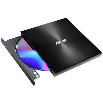 Svart extern ASUS DVD-enhet med öppen skiva och synlig DVD.