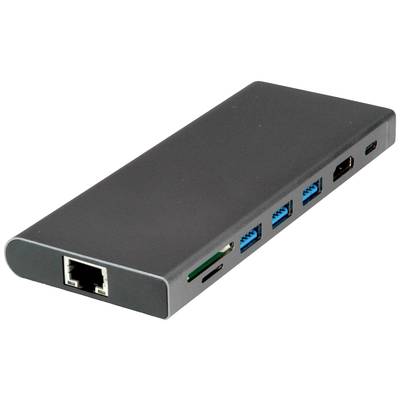 En svart USB-C-hubb med flera anslutningar: Ethernet-port, SD-kortläsare, USB-portar och HDMI-utgång, placerad vid sidan.