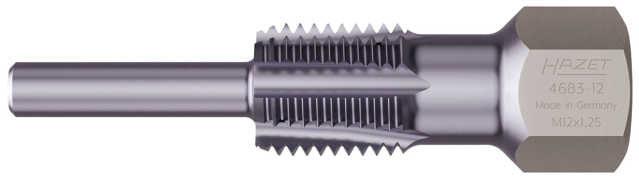 Metallgängverktyg med sexkantig huvud. Gravyr: 'HAZET 4683-12 Made in Germany M12x1.25'. Verktyg för tillverkning av invändiga gängor.