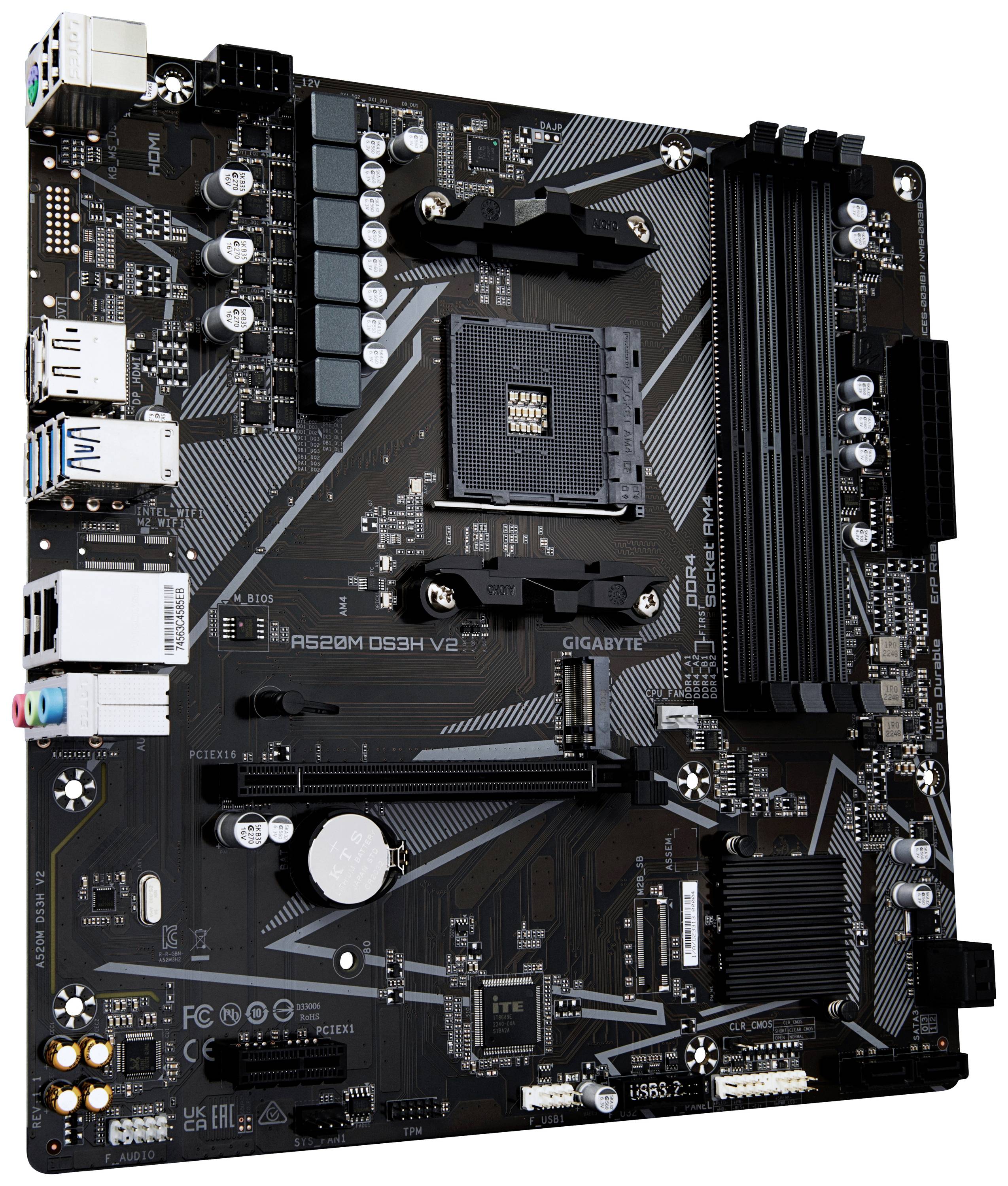 Ett datormoderkort med olika anslutningar och kortplatser, märkt som 'GIGABYTE B450M DS3H V2'.