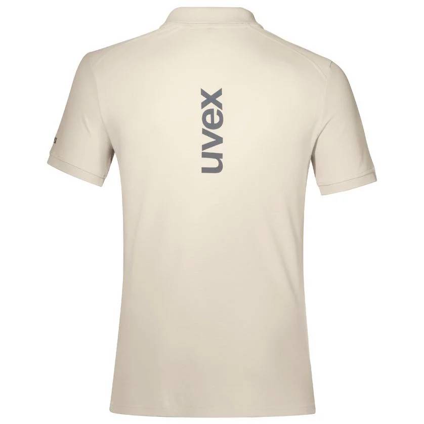 Beige T-shirt sett bakifrån, med ett stort 'uvex'-logotyp vertikalt placerat på ryggen. Kortärmad, enkelt designad modell.