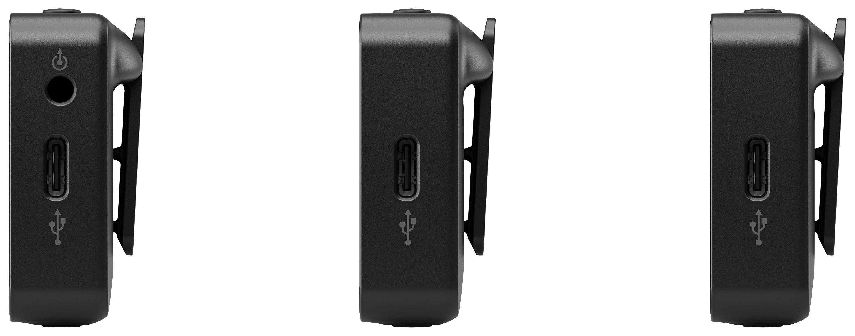 En svart enhet med USB-port och nätströmbrytare på sidan, avbildad från tre olika vinklar.