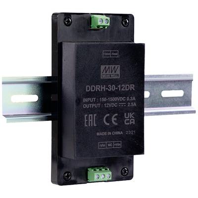 Svart nätaggregat 'Mean Well DDRH-30-12DR' för DIN-skena, med gröna anslutningsklämmor, ingång 150-1500VDC, utgång 12VDC 2.5A.