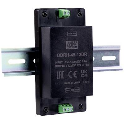 Ett svart DIN-skenematad nätaggregat från märket Mean Well, modell DDRH-45-12DR, ingång 150-150VDC, utgång 12VDC 3,75A.