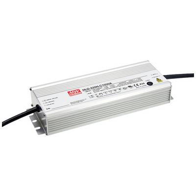 Metalliskt rektangulärt LED-nätaggregat från varumärket Mean Well, modell HLG-320H-C1050A. Innehåller tekniska specifikationer och certifieringslogotyper på ovansidan.