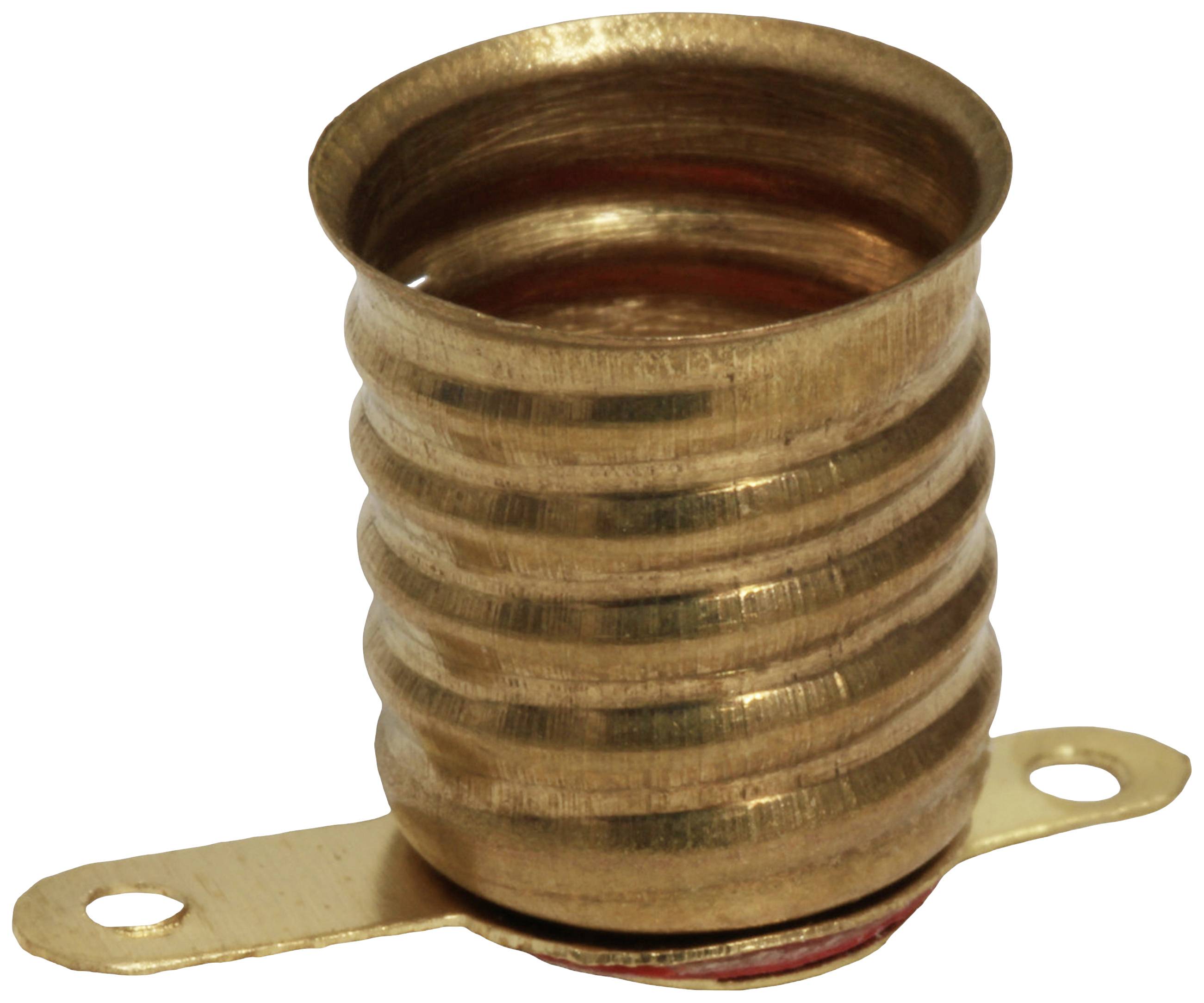 Metallisk, räfflad cylinder med plan bas, sannolikt en del av en mekanisk eller elektronisk komponent.