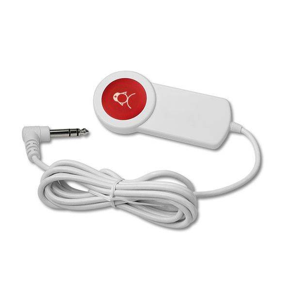 En vit elektrisk switch med en kabel och en röd knapp, på vilken det finns en symbol med en dödskalle och korsade ben.