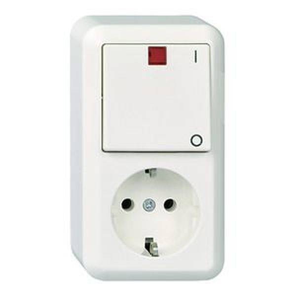 En vit vägguttag adapter med en inbyggd på/av-switch och en röd kontrollampa längst upp.